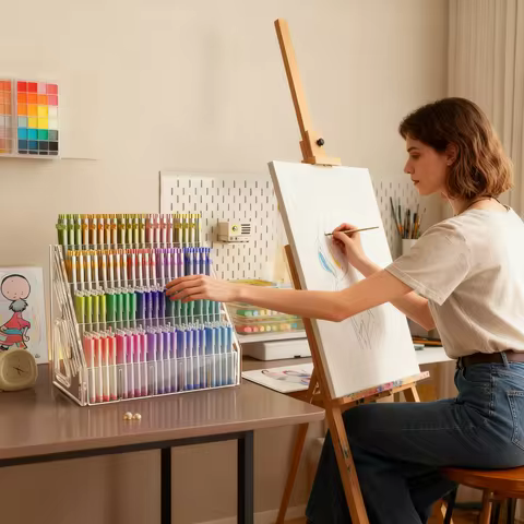 Organiseur acrylique transparent — 9 compartiments, base lestée