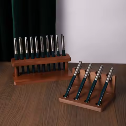 Organiseur bureau bois de noyer — pot à crayon + support téléphone