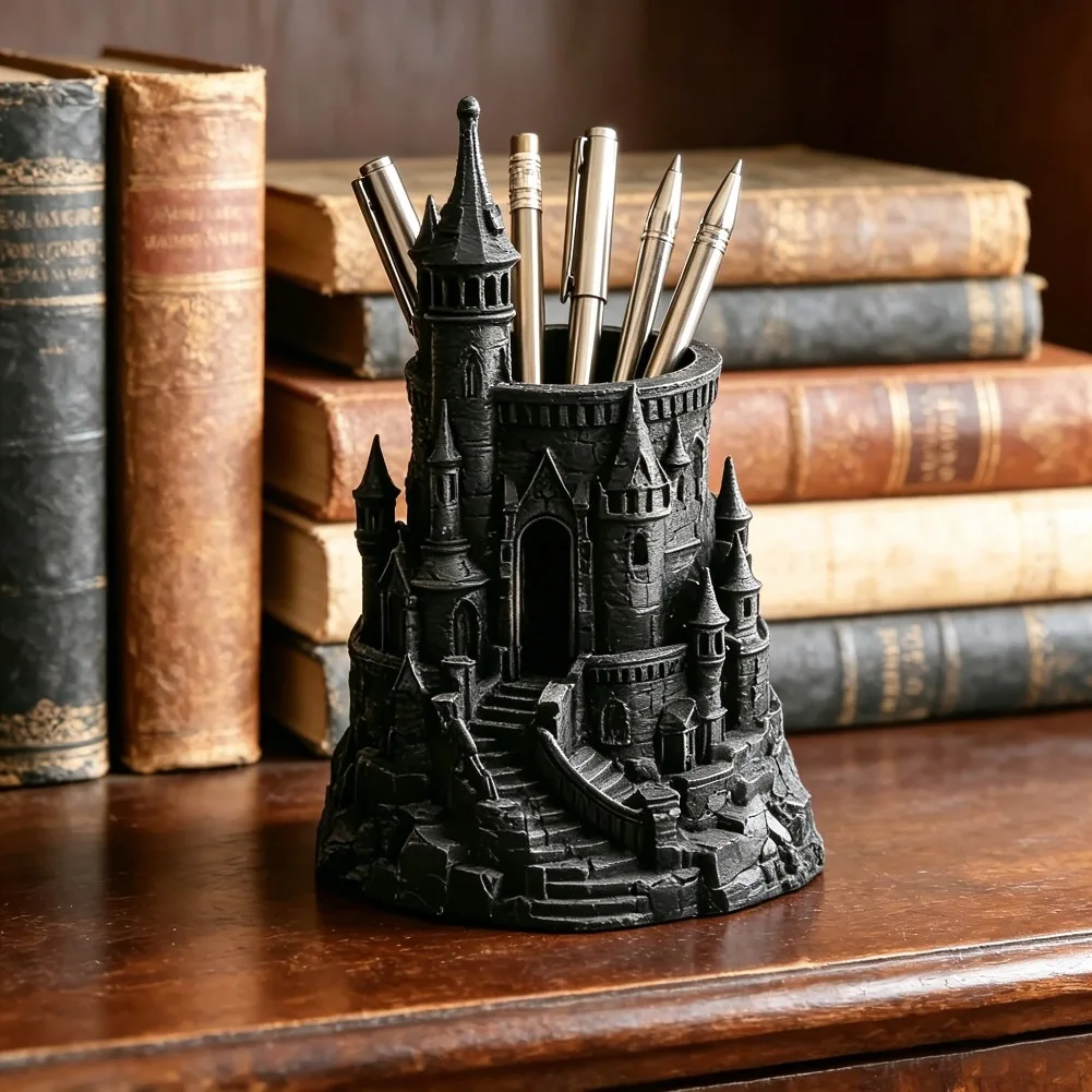 Pot à crayon château fort — support à stylos et pinceaux, déco de bureau