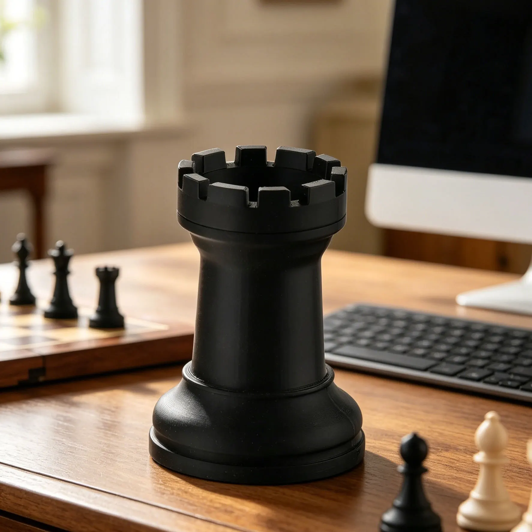 Pot à crayon tour d'échecs — organiseur bureau noir ou blanc